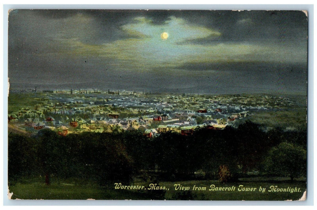 1910 Moonlight View from Bancroft Tower Worcester Massachusetts MA Postcard