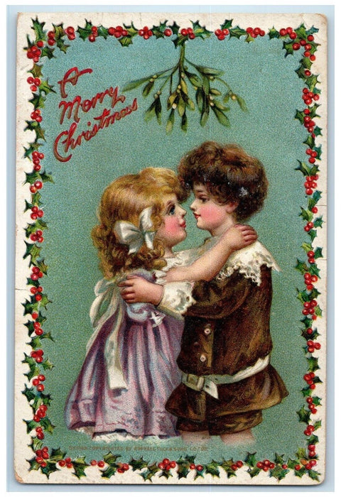 1911 Christmas Kissing Under Mistletoe Embossed Melrose CT Tuck's Postcard