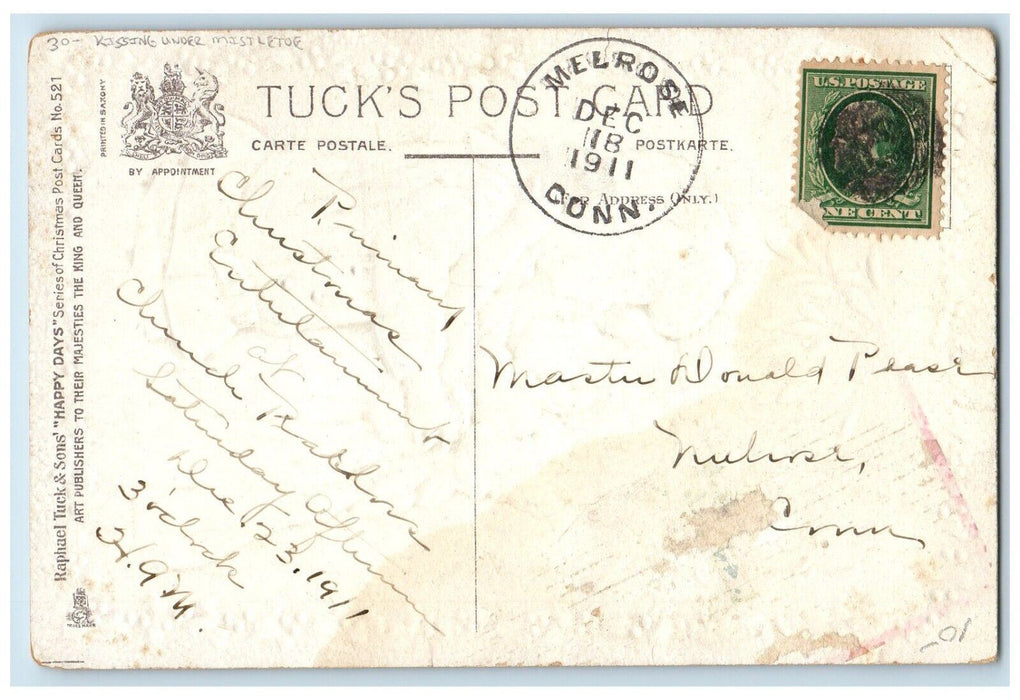 1911 Christmas Kissing Under Mistletoe Embossed Melrose CT Tuck's Postcard
