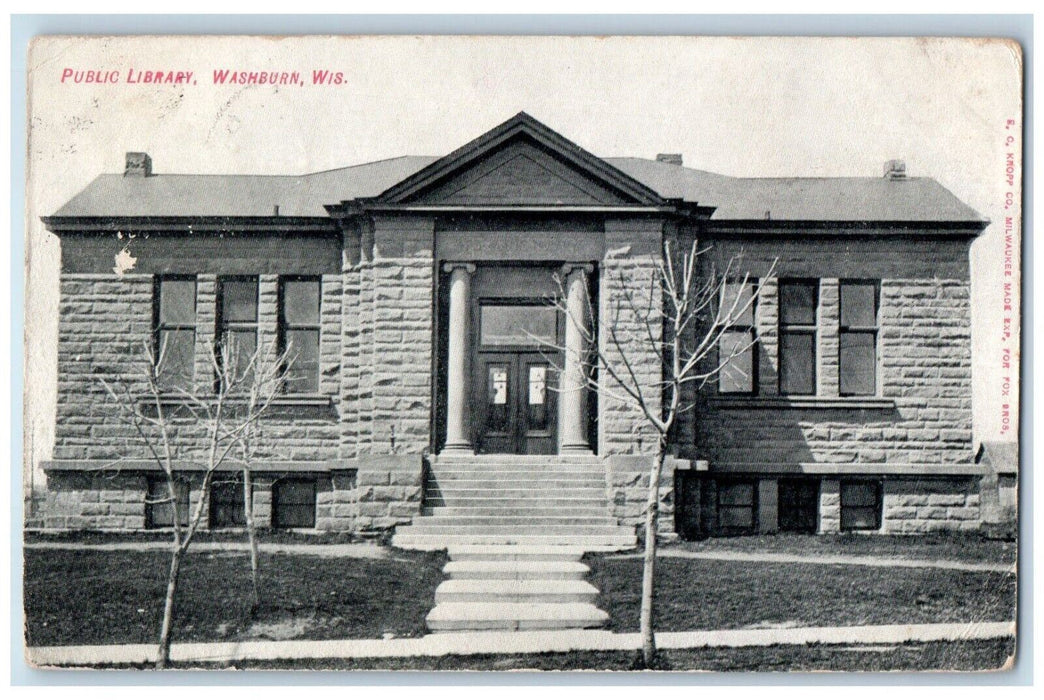 c1910's Public Library Building Washburn Wisconsin WI Posted Antique Postcard