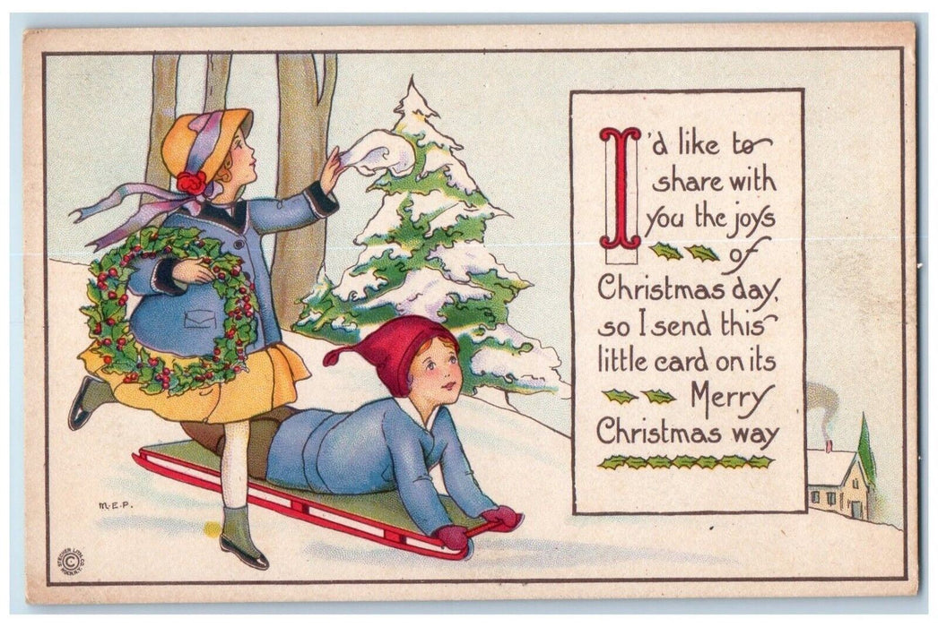c1920's Christmas Children Sled Whreat Pine Trees Winter Rockville CT Postcard