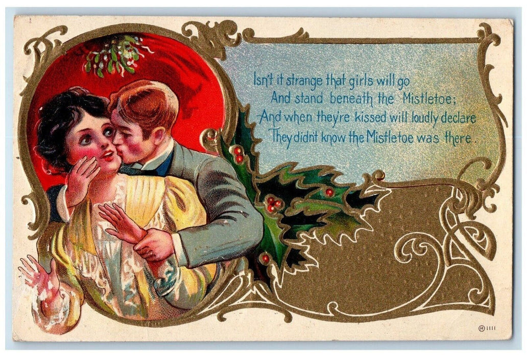 1908 Christmas Sweet Couple Kissing Cheek Romance Mistletoe Embossed Postcard