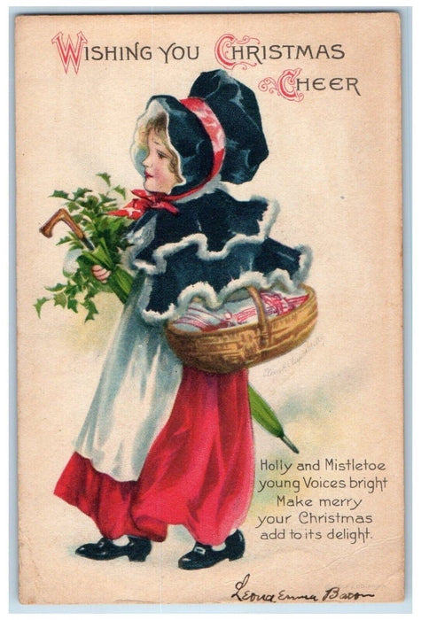 1918 Christmas Cheer Woman Mistletoe Umbrella Basket Wolf Clapssadle Postcard