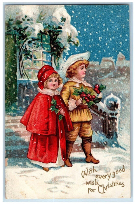 c1910's Christmas Couple With Berries Snowfall Winter Beeville Texas TX Postcard