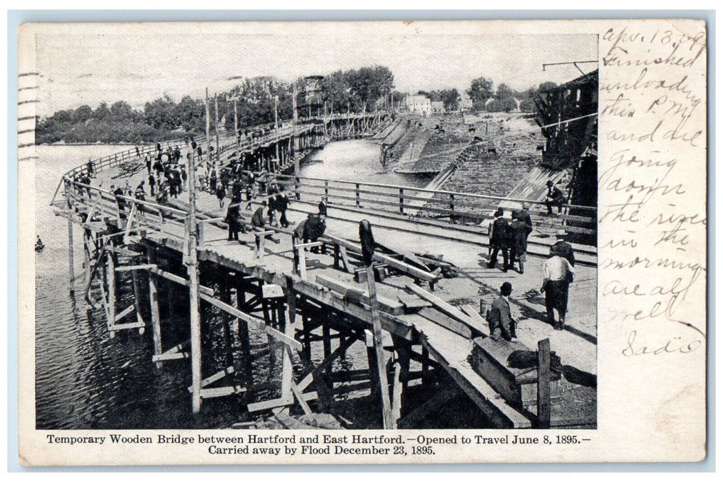 1909 Temorary Wooden Bridge Between Hartford & East Hartford CT Posted Postcard