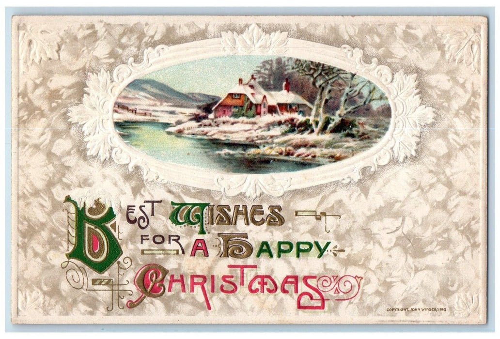1910 Christmas Winter House John Winsch Artist Signed Embossed Antique Postcard