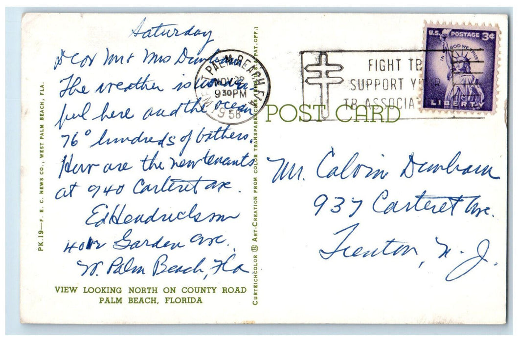 1958 View Looking North on County Road Palm Beach Florida FL Postcard