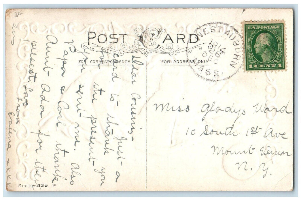 1914 Christmas Wishes Girl Playing Toy With Cat Embossed West Auburn MA Postcard