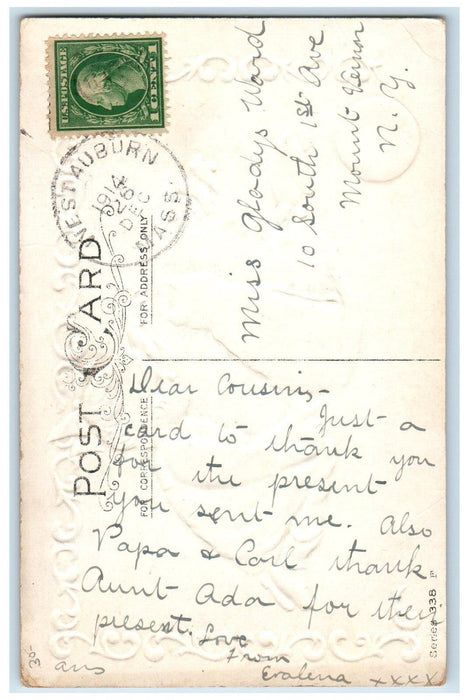 1914 Christmas Wishes Girl Playing Toy With Cat Embossed West Auburn MA Postcard