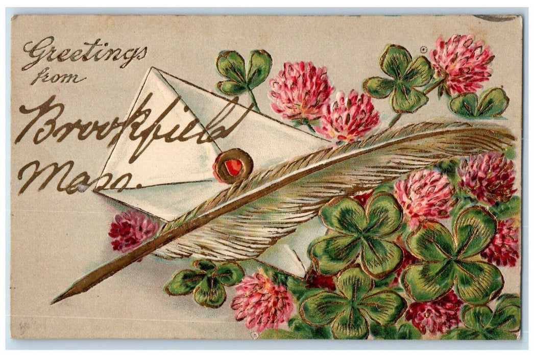 1906 Greetings From Brookfield Massachusetts MA Flower Embossed Vintage Postcard