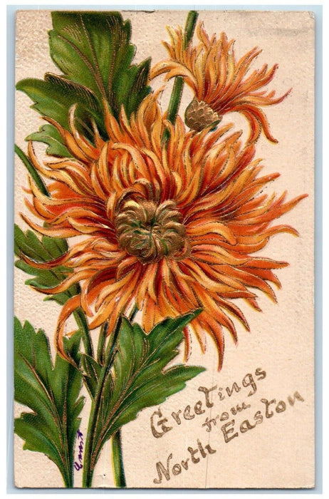 1906 Greetings From North Easton Massachusetts Flower Embossed Glitter Postcard