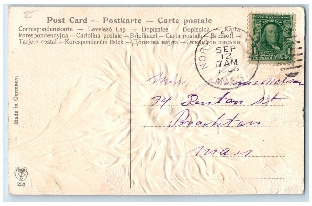 1906 Greetings From North Easton Massachusetts Flower Embossed Glitter Postcard