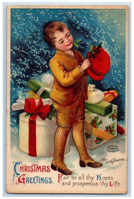 c1910's Christmas Greetings Boy With Gifts Ellen Clapsaddle Embossed Postcard