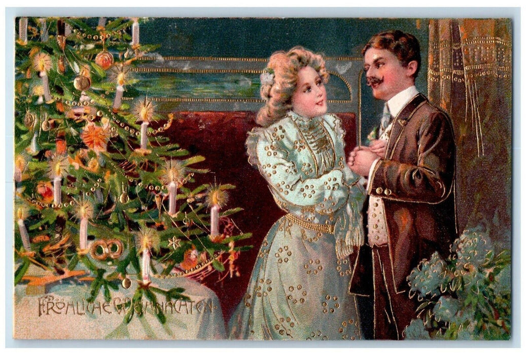 c1910's Merry Christmas Couple Dancing Christmas Tree Candle Lights Postcard