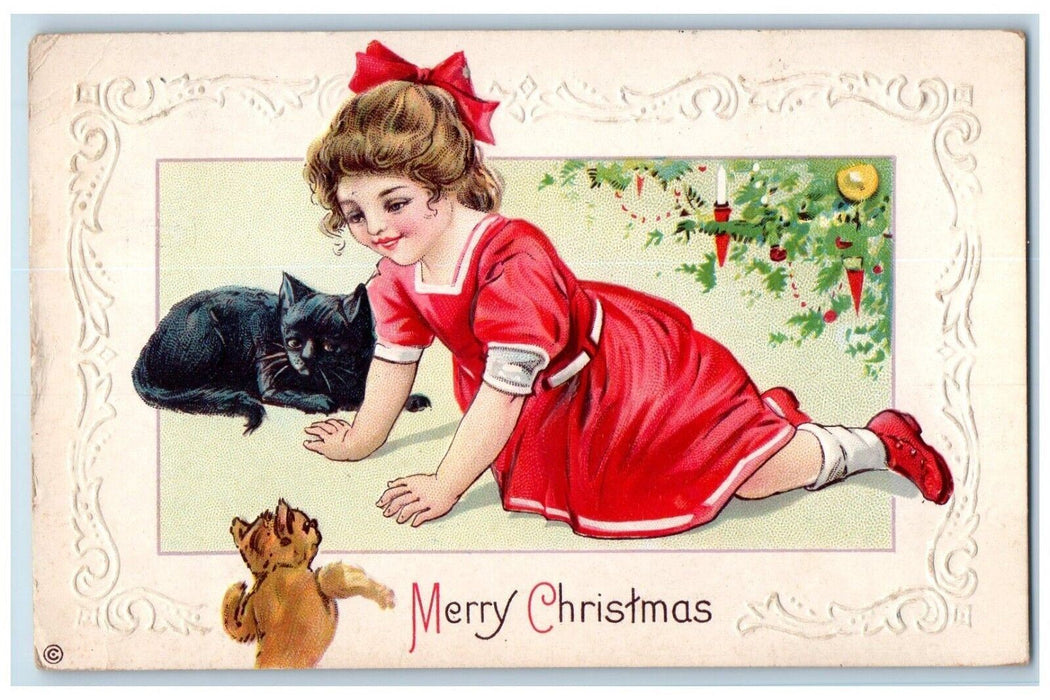 1914 Christmas Tree Decorated Girl And Her Black Cat Embossed Antique Postcard