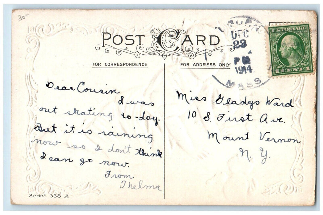 1914 Christmas Tree Decorated Girl And Her Black Cat Embossed Antique Postcard