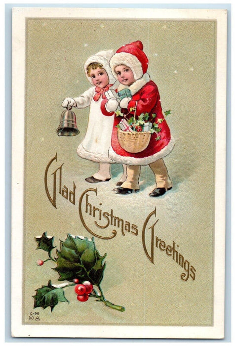 c1910's Christmas Greetings Children Bell And Basket Berries Embossed Postcard