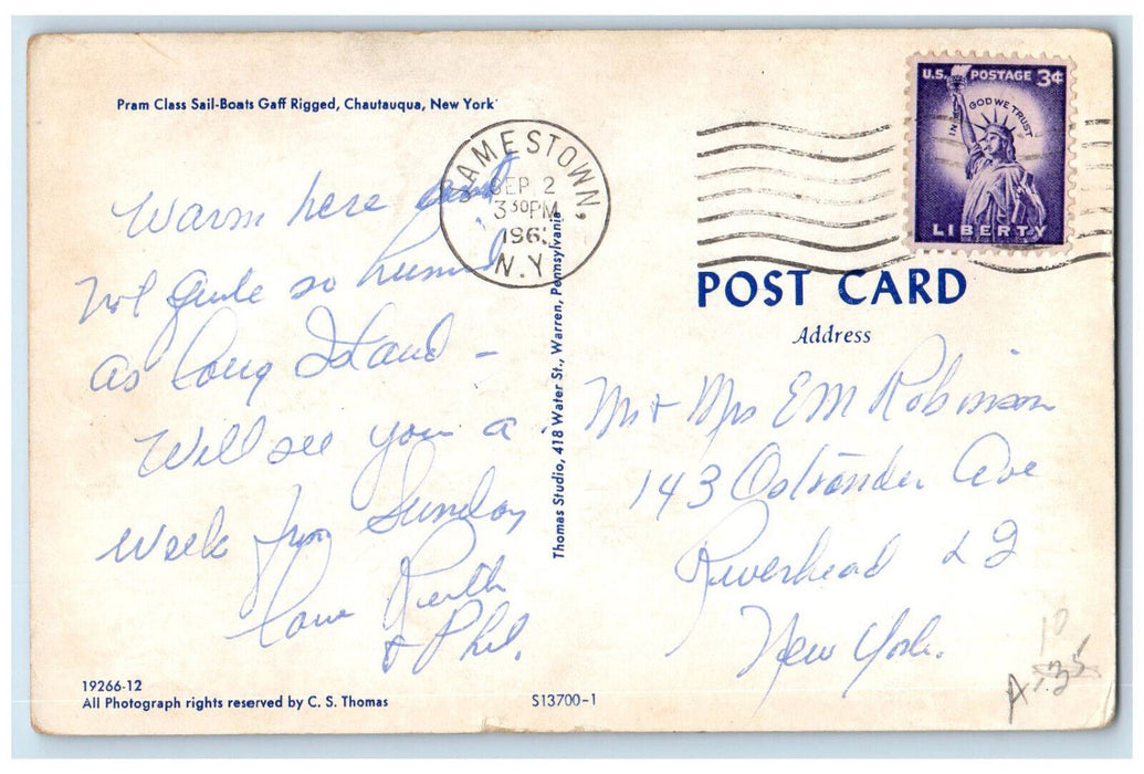 c1960's Pram Class Sail-Boats Gaff Rigged Chatauqua New York NY Postcard