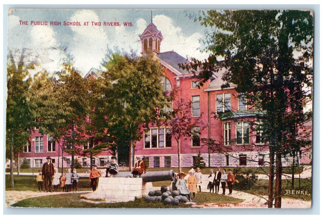 1910 The Public High School Cannon At Two Rivers Wisconsin WI Antique Postcard
