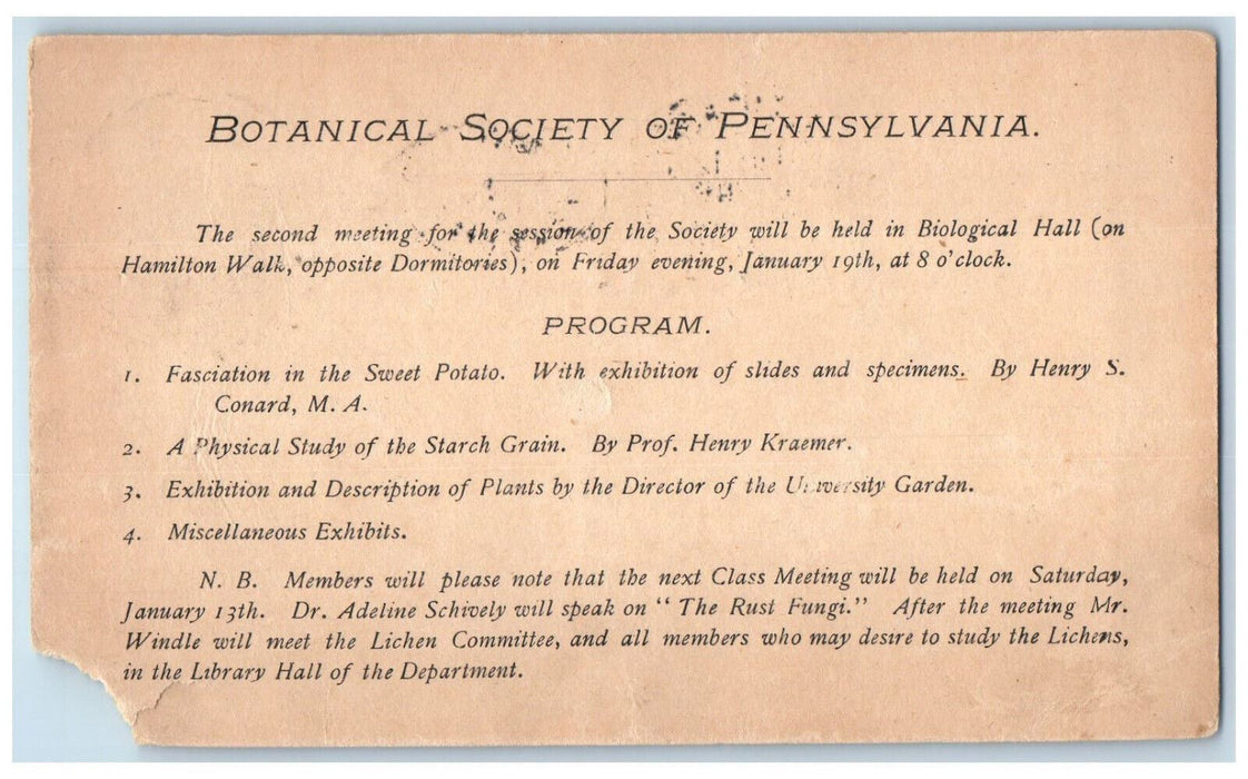 1900 Botanical Society of Pennsylvania Meeting Philadelphia PA PMC Postal Card
