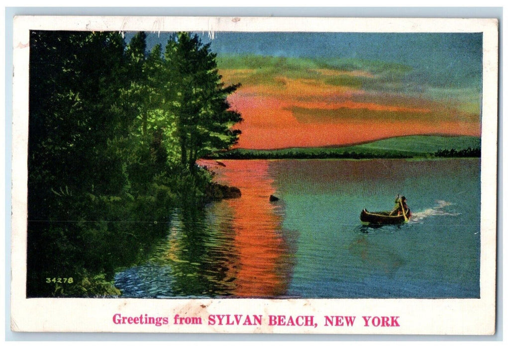 c1930's Greetings From Sylvan Beach New York NY, Canoeing Sunrise View Postcard