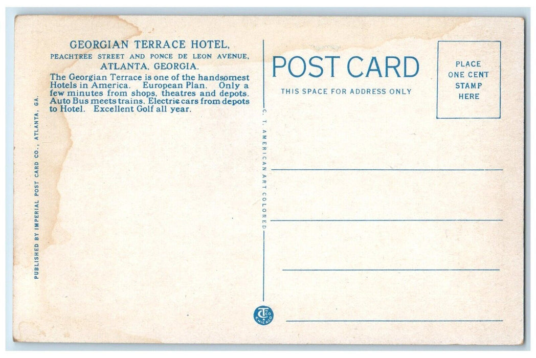 Peachtree Street Looking North Georgian Terrace Hotel Atlanta GA Postcard
