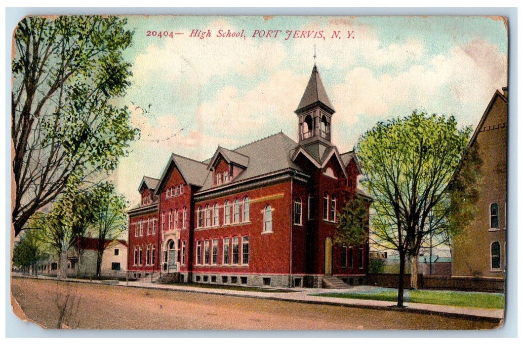 1907 High School Building Scene Street Port Jervis New York NY Antique Postcard
