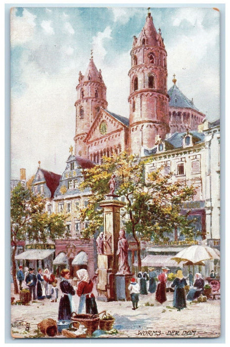 c1910 Monument, Market Scene, Worms Der Dom Germany Oilette Tuck Art Postcard