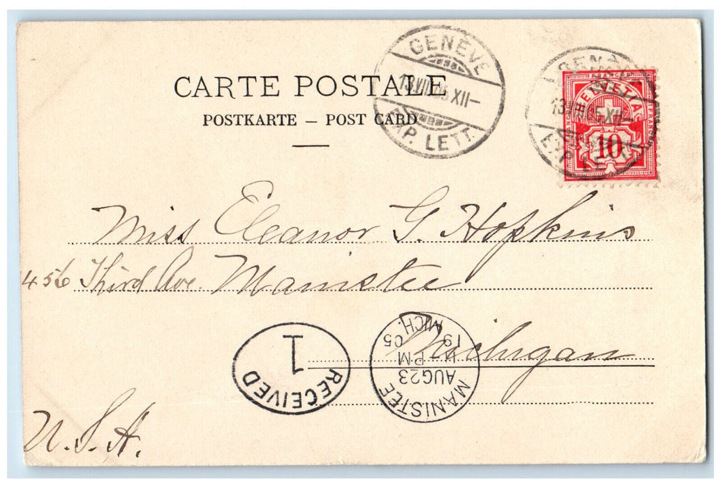 c1905 Scene of Sailboat at Lake Geneva Switzerland Posted Antique Postcard
