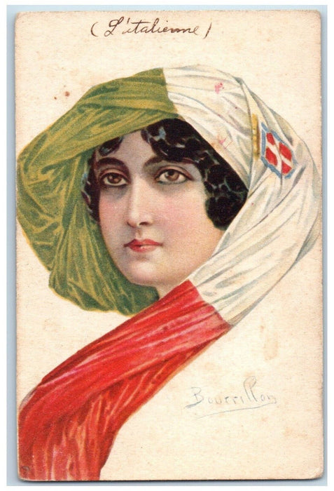c1940's Pretty Woman Curly Hair Scarf Italy Unposted Vintage Postcard