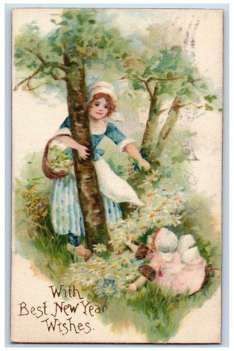 1909 New Year Wishes Girls Picking Daisy Flowers Winsch Back Boston MA Postcard