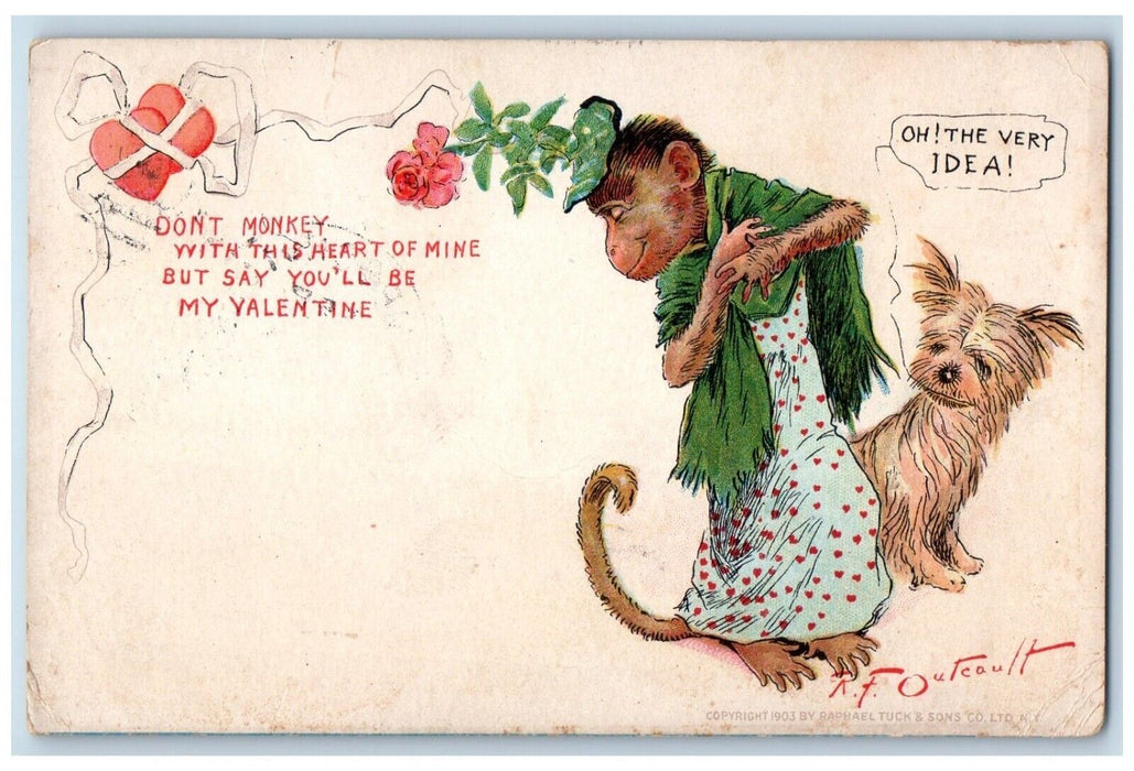 1907 Valentine Anthropomorphic Monkey And Dog Tuck's Outcault Antique Postcard