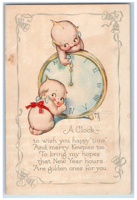 c1910's New Year Kewpies Clock Ringing Bells Gibson Posted Antique Postcard