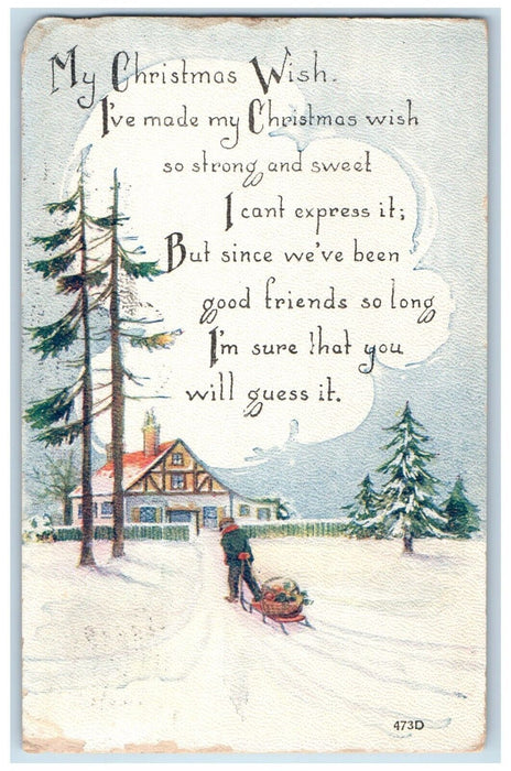 1916 Christmas Wish Message Man Pulling Cart Basket Of Fruits Winter Postcard