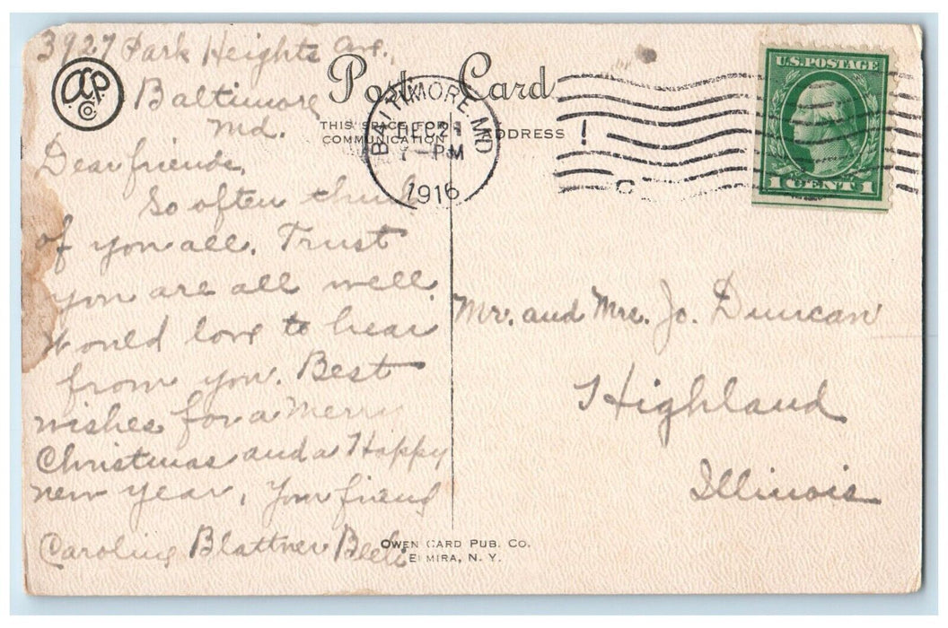 1916 Christmas Wish Message Man Pulling Cart Basket Of Fruits Winter Postcard