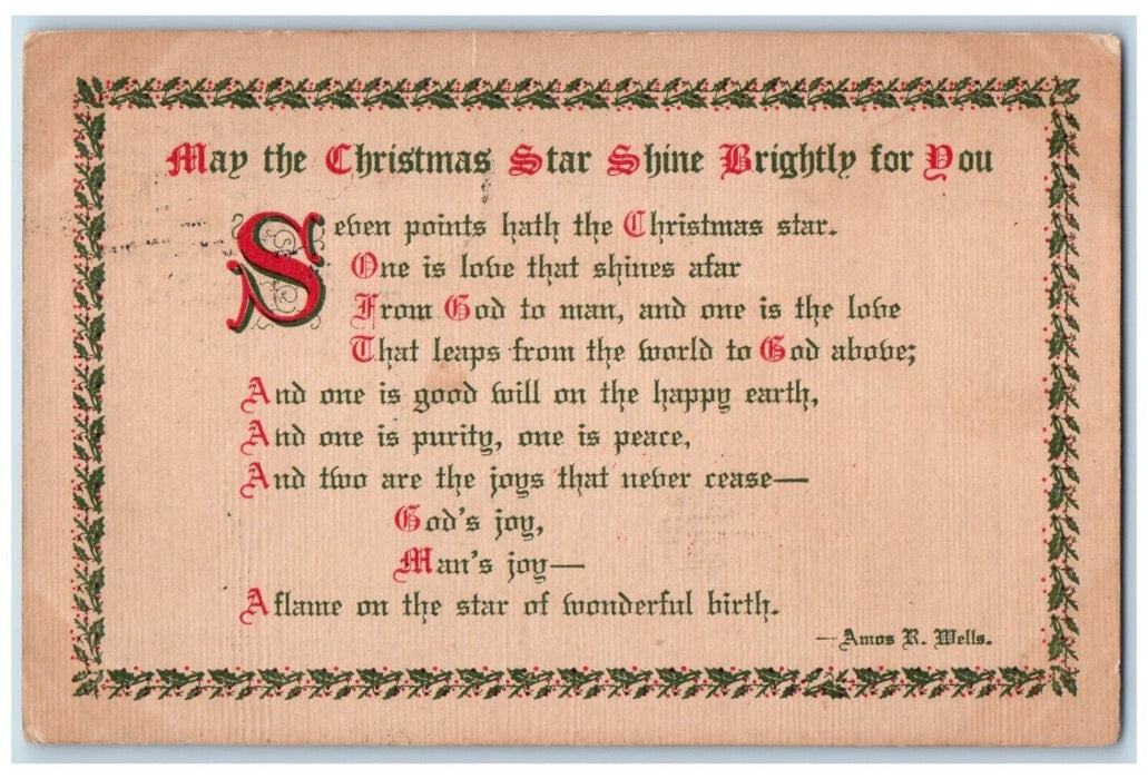 1915 Christmas Message Berries Arts Crafts Amos R. Mells Plymouth WI Postcard