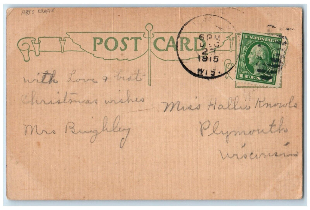 1915 Christmas Message Berries Arts Crafts Amos R. Mells Plymouth WI Postcard