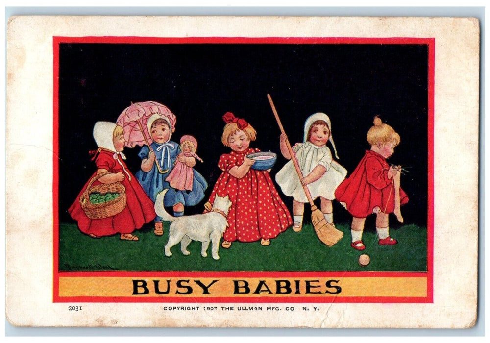 1907 Busy Babies Broom Doll Basket Playing Cat Ullman Fall River MA Postcard