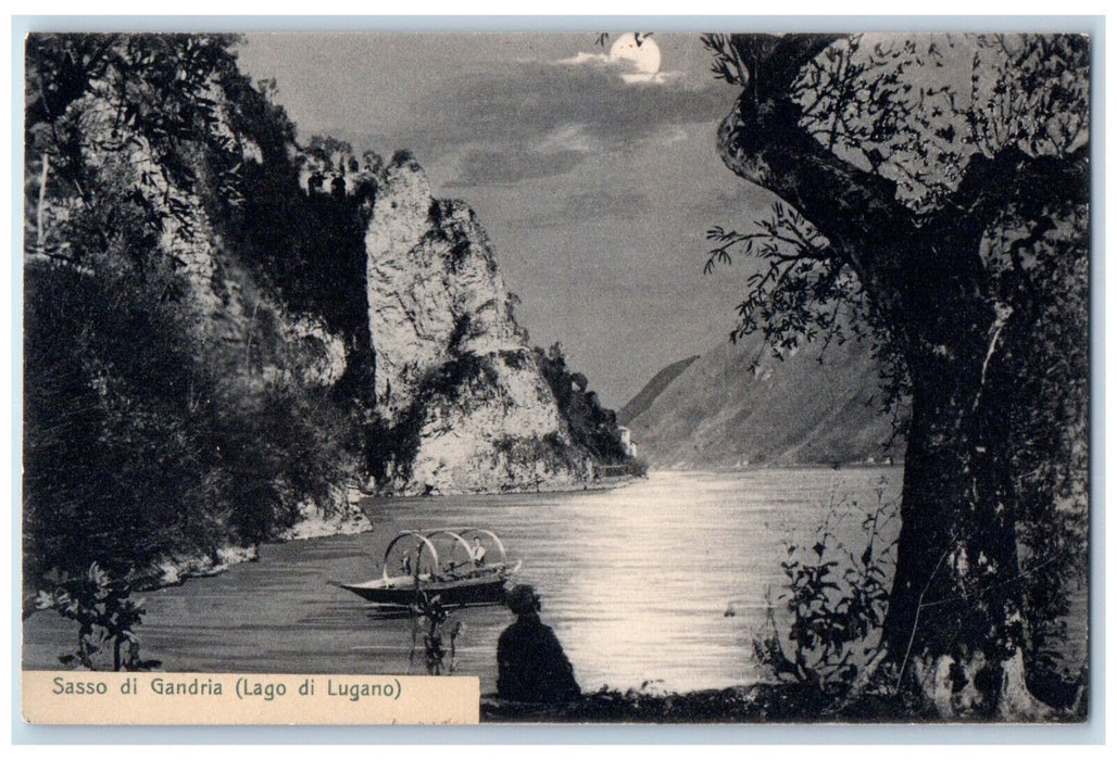 c1910 Moonlight at Sasso Di Gandria (Lago Di Lugano) Switzerland Postcard