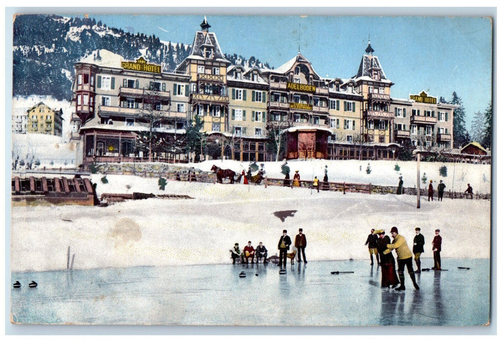 c1950's Ice Skating Scene Near Grand Hotel Adelboden Switzerland Postcard