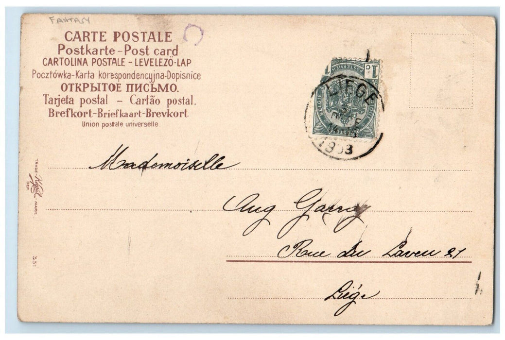 1903 Pretty Woman Curly Hair Flowers Fantasy Liege Germany Antique Postcard