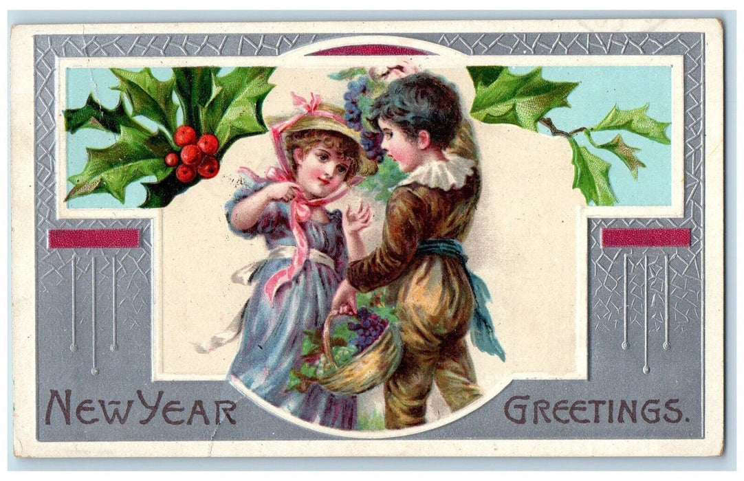 New Year Greetings Children Holly Berries Embossed Stafford Spring CT Postcard