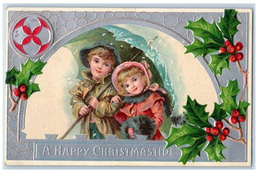 1907 Christmas Children Umbrella Holly Berries Embossed Westford CT Postcard