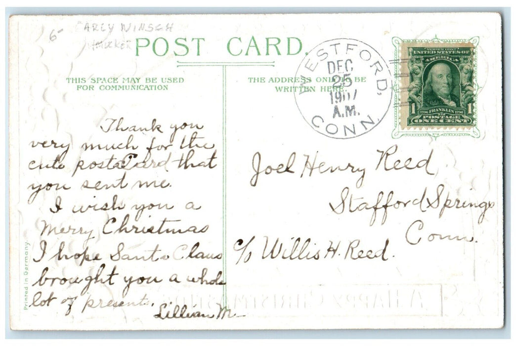 1907 Christmas Children Umbrella Holly Berries Embossed Westford CT Postcard