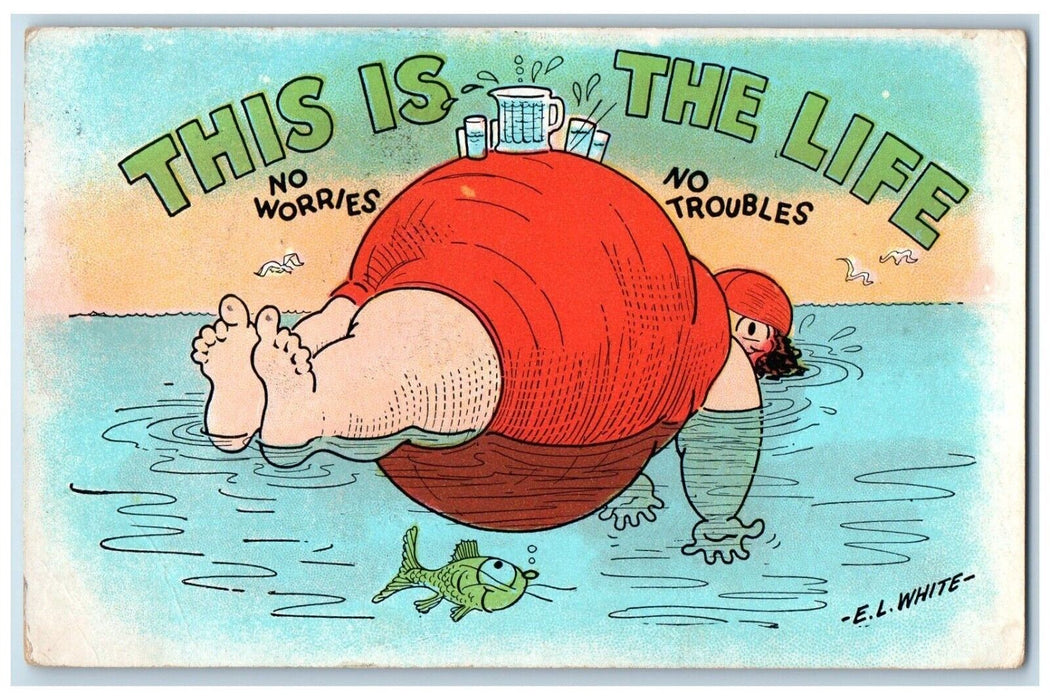 1934 Fat Woman Big Stomach This Is The Life EL White Hartford CT Posted Postcard