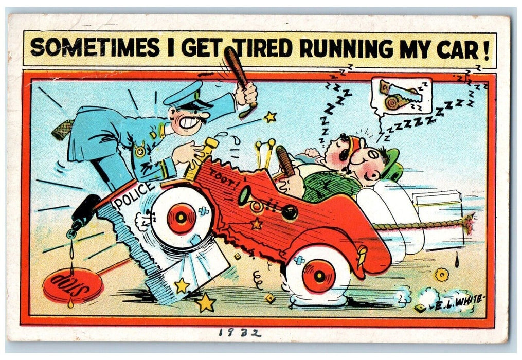 c1930's Couple Sleeping Driving Policemen Run Over EL White Vintage Postcard