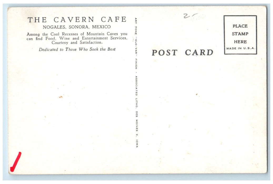 c1940's The Cavern Cafe Nogales Sonora Mexico Antique Unposted Postcard