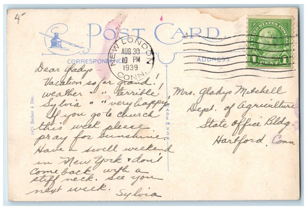 1939 Fat Woman Dive Fishes Hurts Comic New London Connecticut CT Posted Postcard