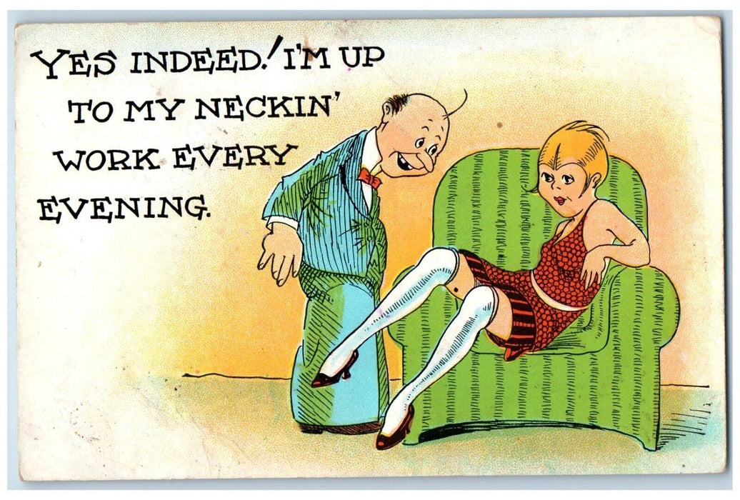 1932 Couple Woman Stockings I'm Up To My Neckin Work Every Evening Postcard
