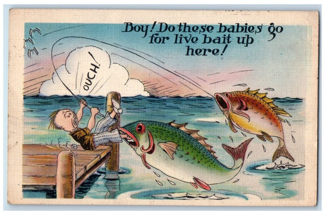 1938 Boy Cached Exaggerated Fishes West Goshen Connecticut CT Vintage Postcard